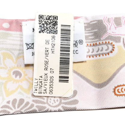 Hermes Silk Bingata Twilly Vieux Rose Vert De Eau 4 of 4