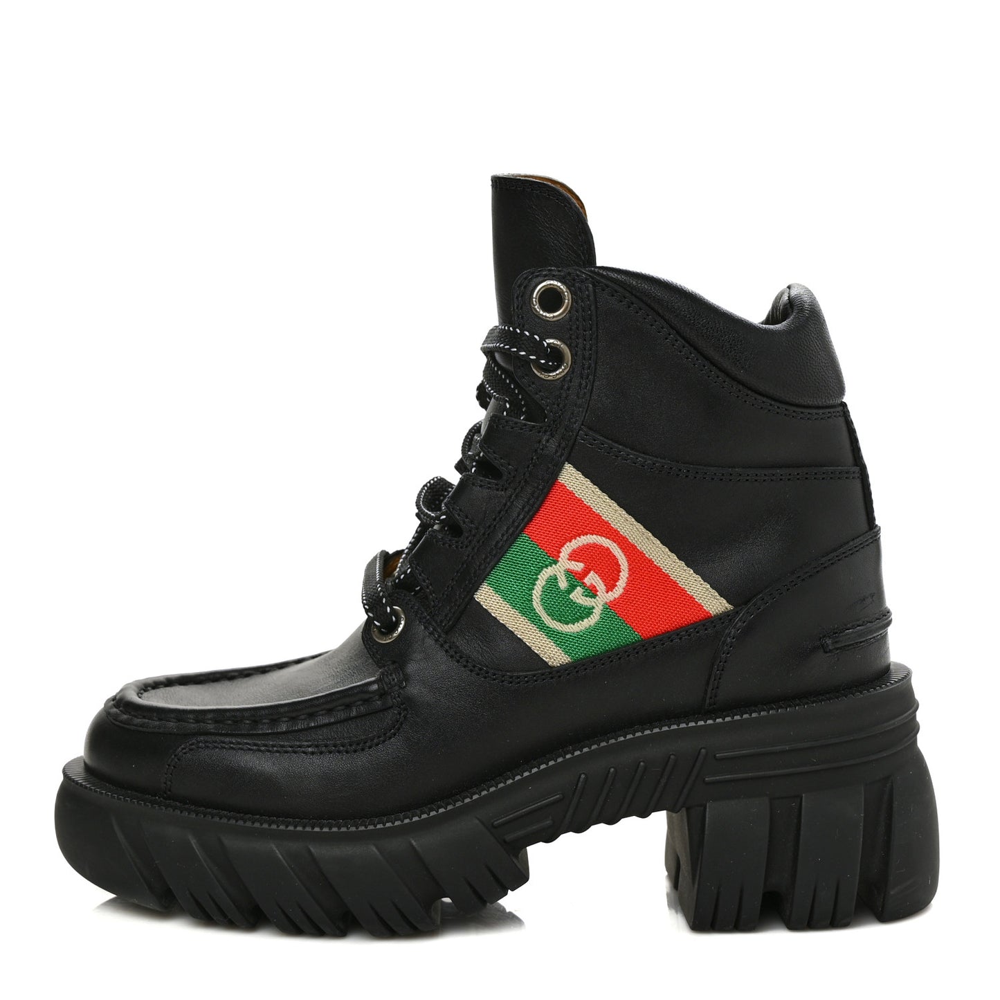 Quebec Calfskin Web Womens Interlocking G Lace Up Combat Boots 35 Black Mystic White Green Red