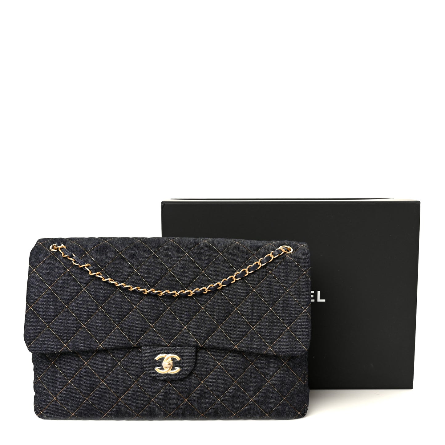 Denim Quilted XXL Travel Flap Bag Dark Blue Orange