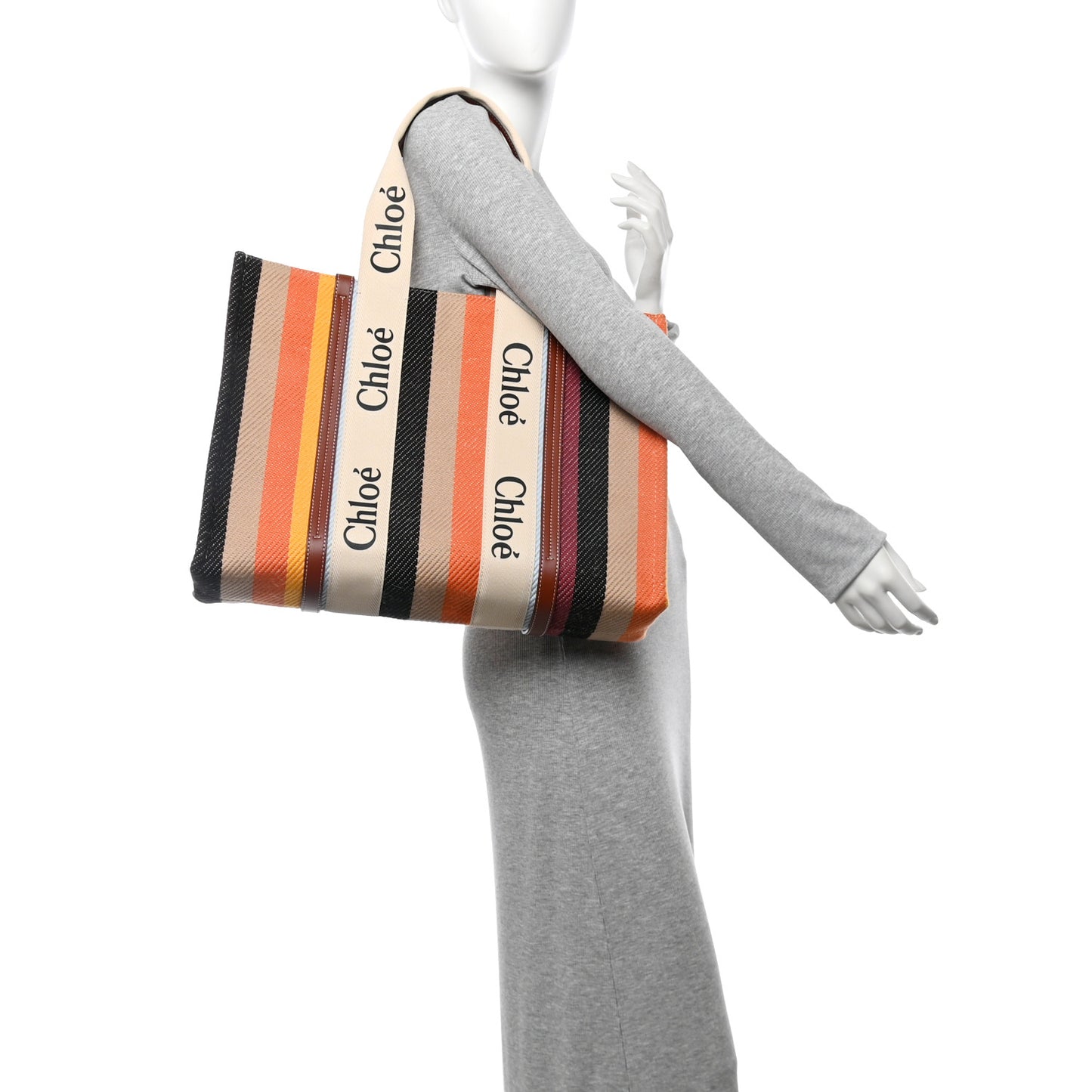 Cotton Calfskin Large Woody Striped Tote Multicolor