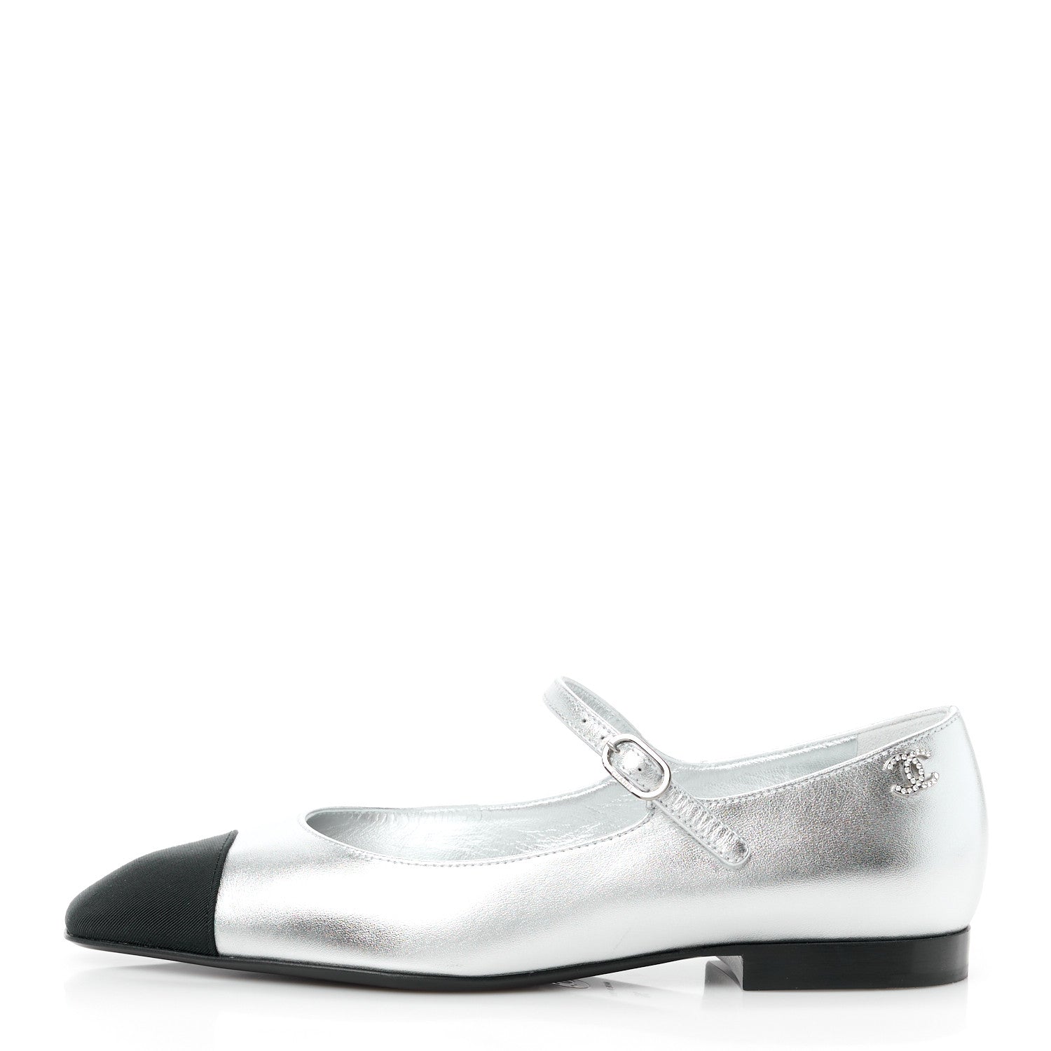 Chanel Calfskin Patent Mary Janes Flats 36 Silver Black 1 of 10