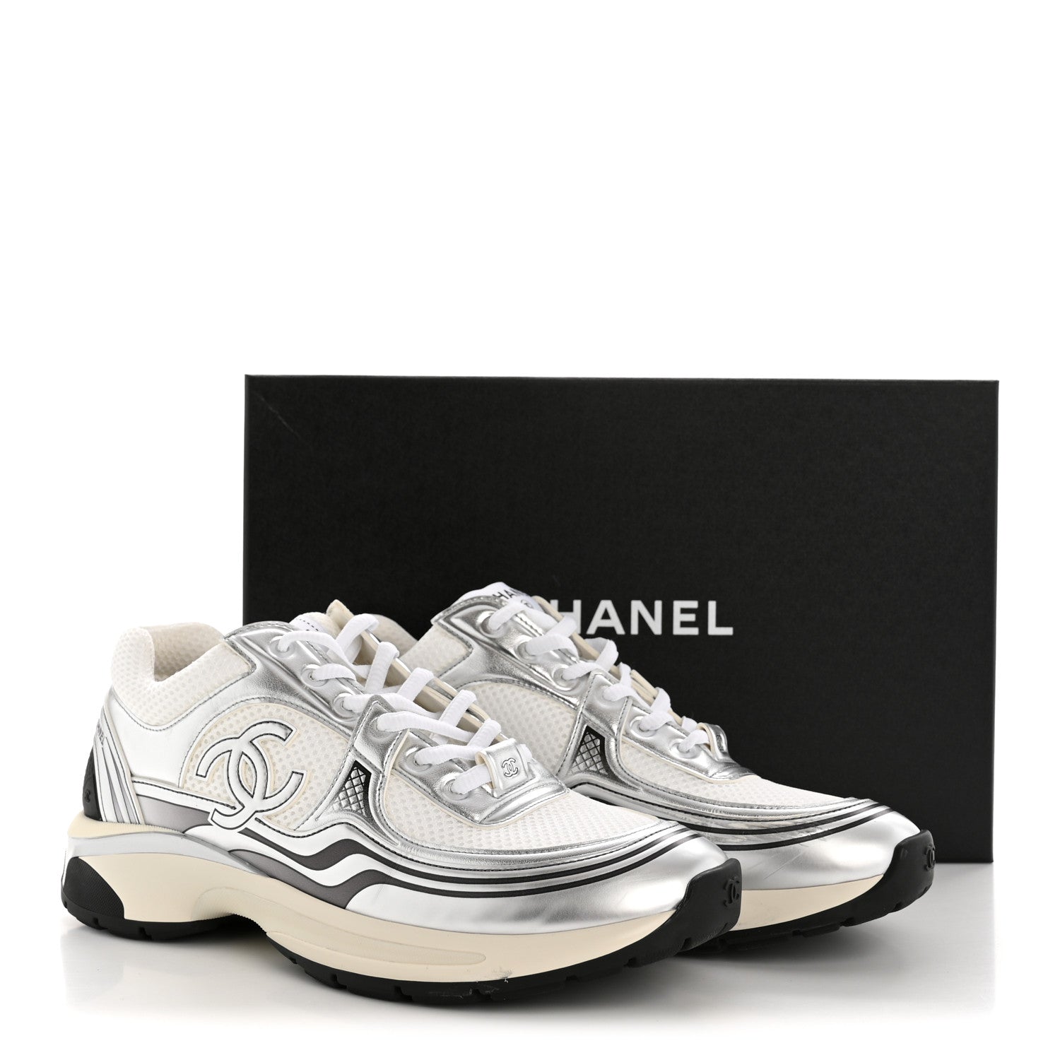 Chanel Fabric Laminated Calfskin Stretch CC Womens Sneakers 39.5 White Silver 11 of 11