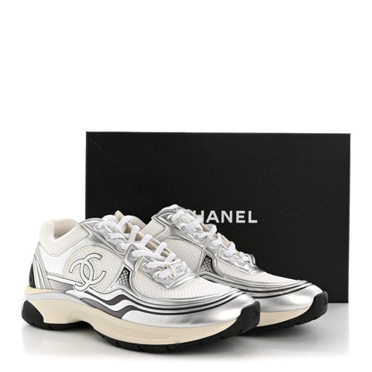 Chanel Fabric Laminated Calfskin Stretch CC Womens Sneakers 39.5 White Silver 11 of 11