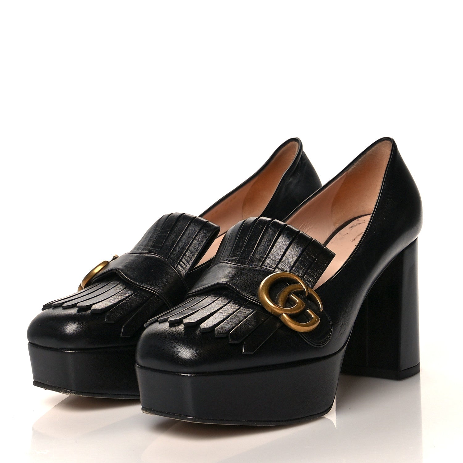 Gucci Malaga Kid GG Marmont Fringe Platform Loafer Pumps 39 Black 3 of 10