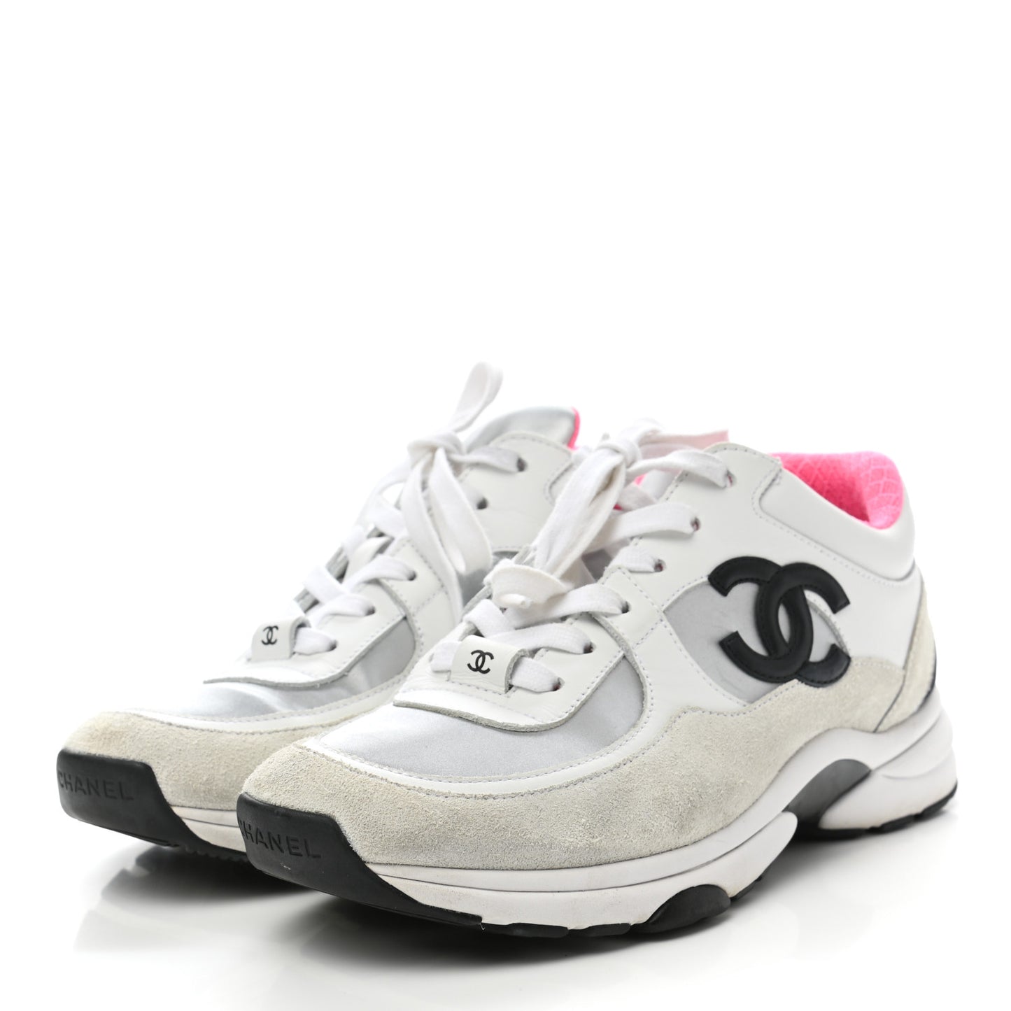 Calfskin Fabric Sneakers 38 White Silver Fluo Pink