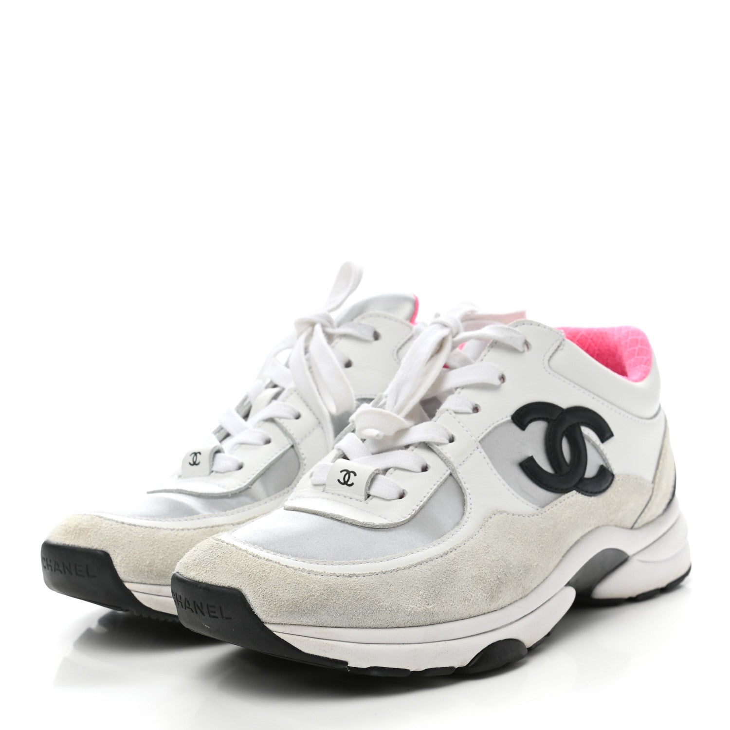 Chanel Calfskin Fabric Sneakers 38 White Silver Fluo Pink 3 of 8
