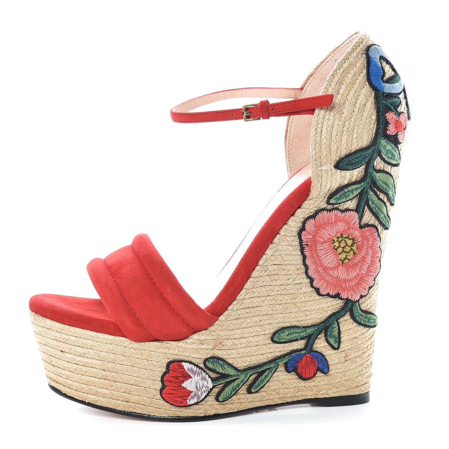 Gucci Kid Scamosciato Ophelia Espadrille Platform Wedge Sandals 37.5 Hibiscus Rd 1 of 8