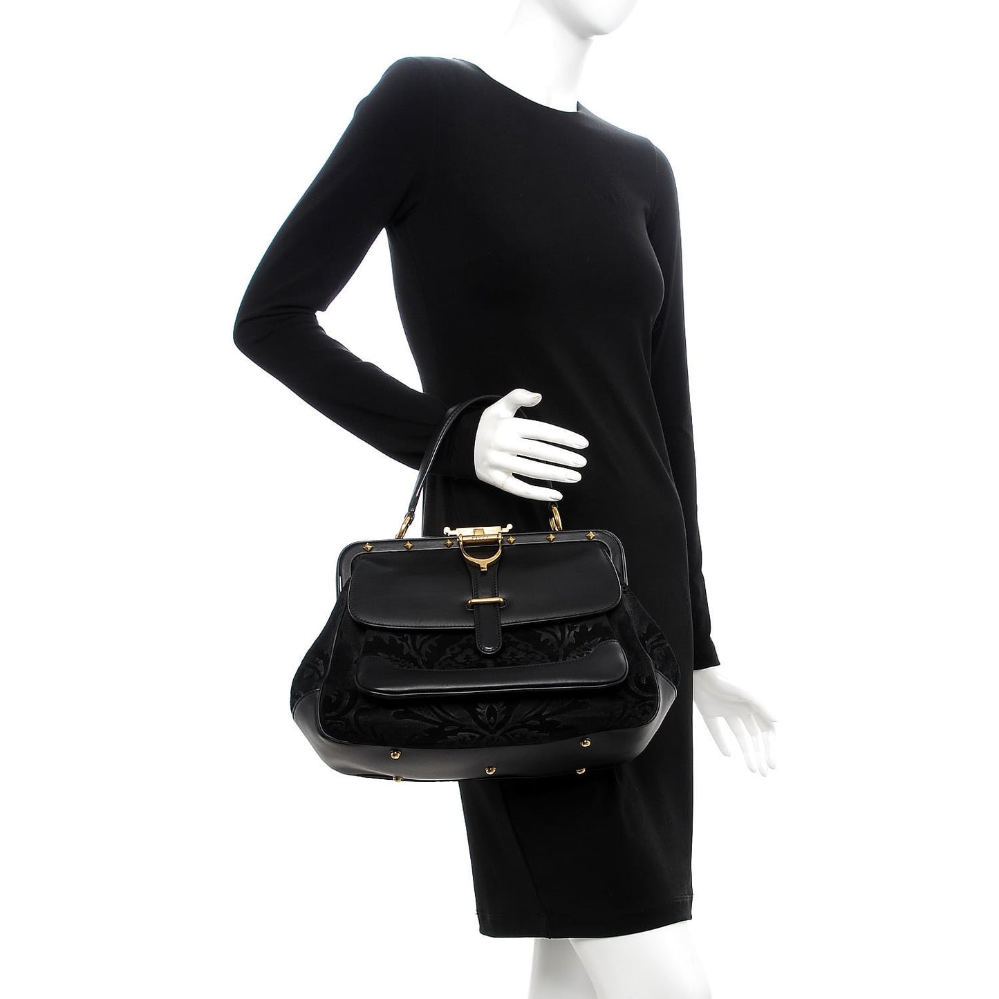 Nubuck Brocade Medium Lady Stirrup Top Handle Black