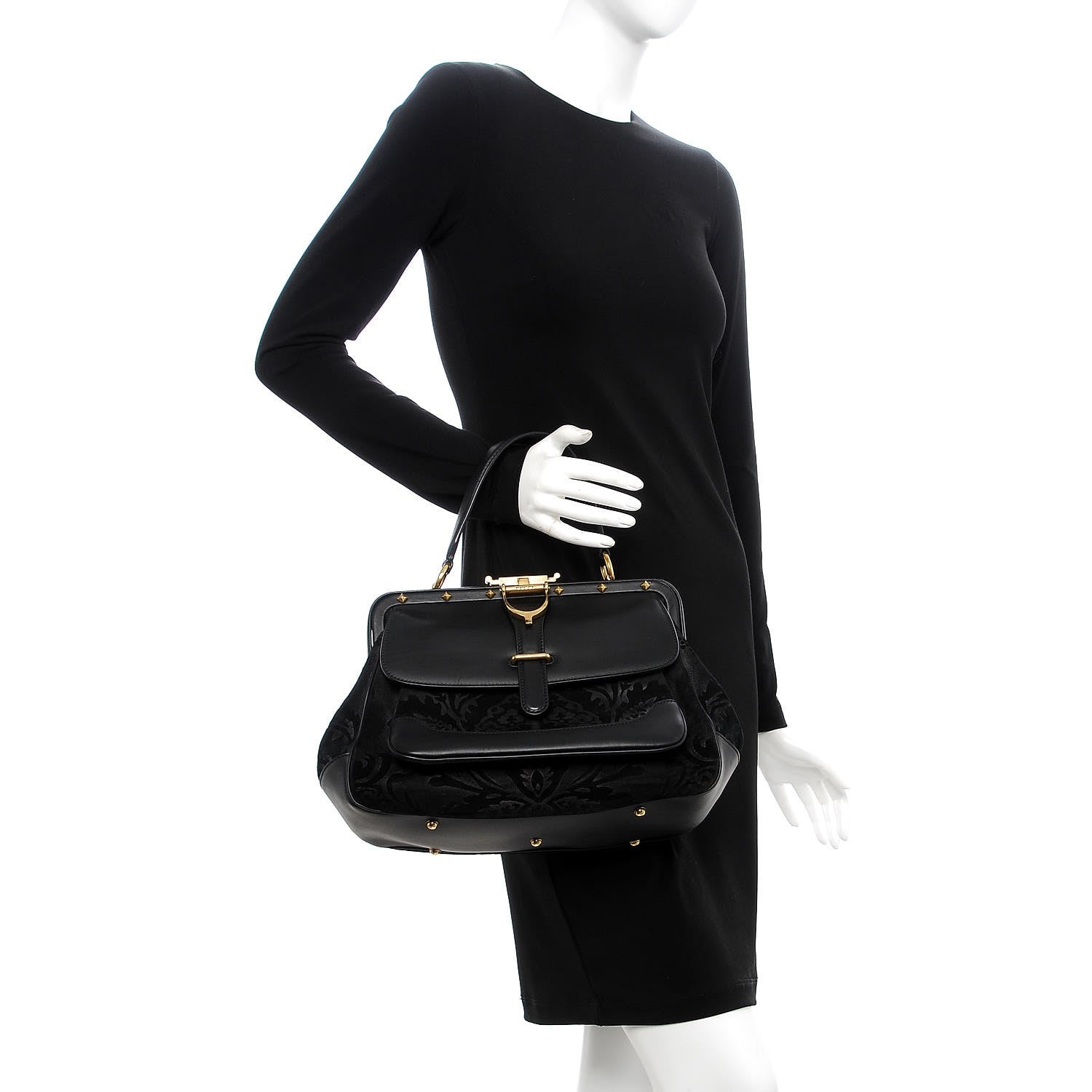 Gucci Nubuck Brocade Medium Lady Stirrup Top Handle Black 2 of 11