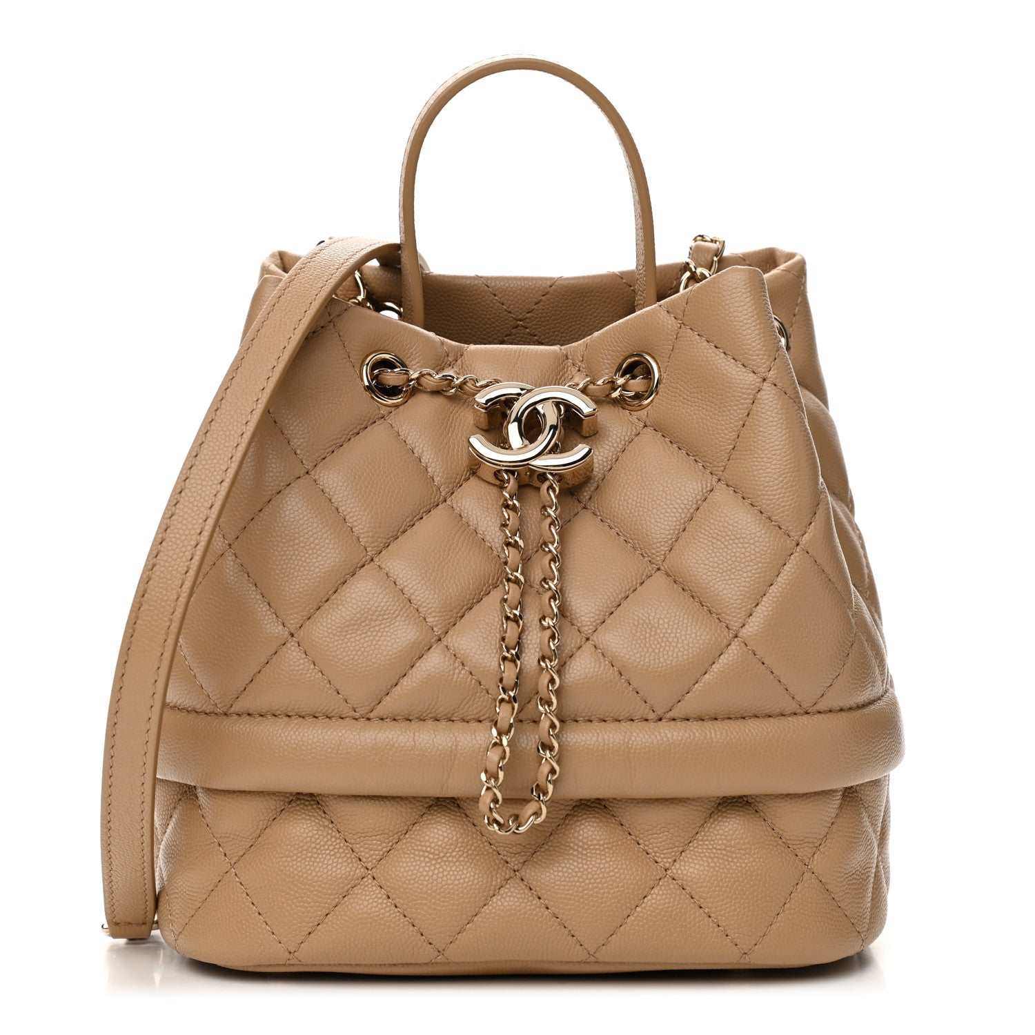 Chanel Caviar Quilted Rolled Up Bucket Drawstring Bag Beige 1 of 10