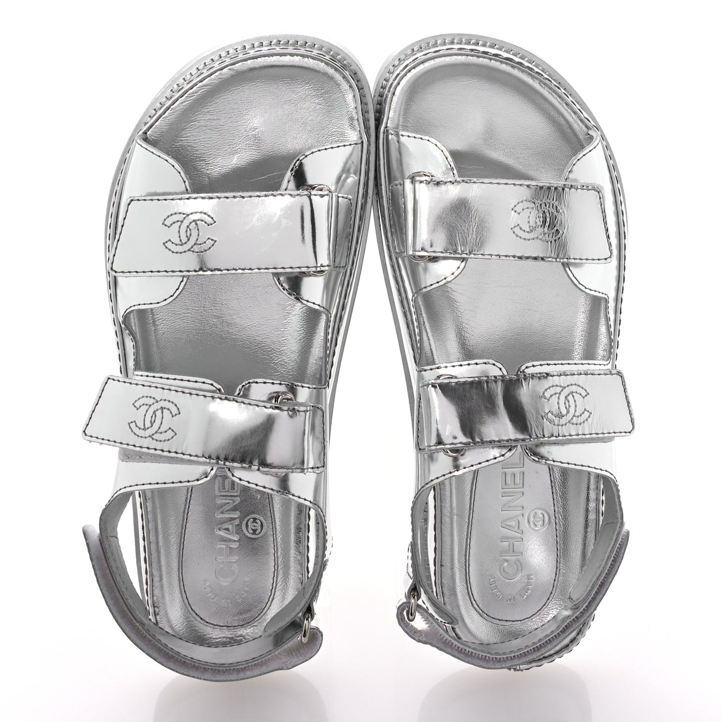 Iridescent Patent Calfskin Velcro Dad Sandals 39 Silver