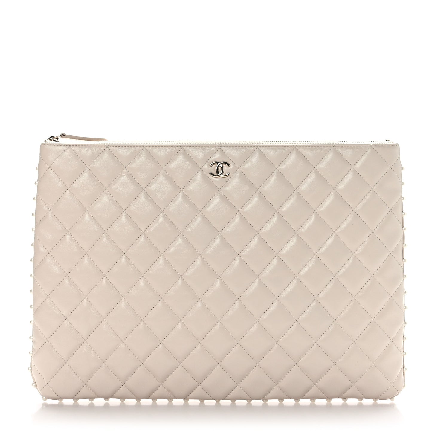 Calfskin Quilted Large Pearl Cosmetic Case Light Beige