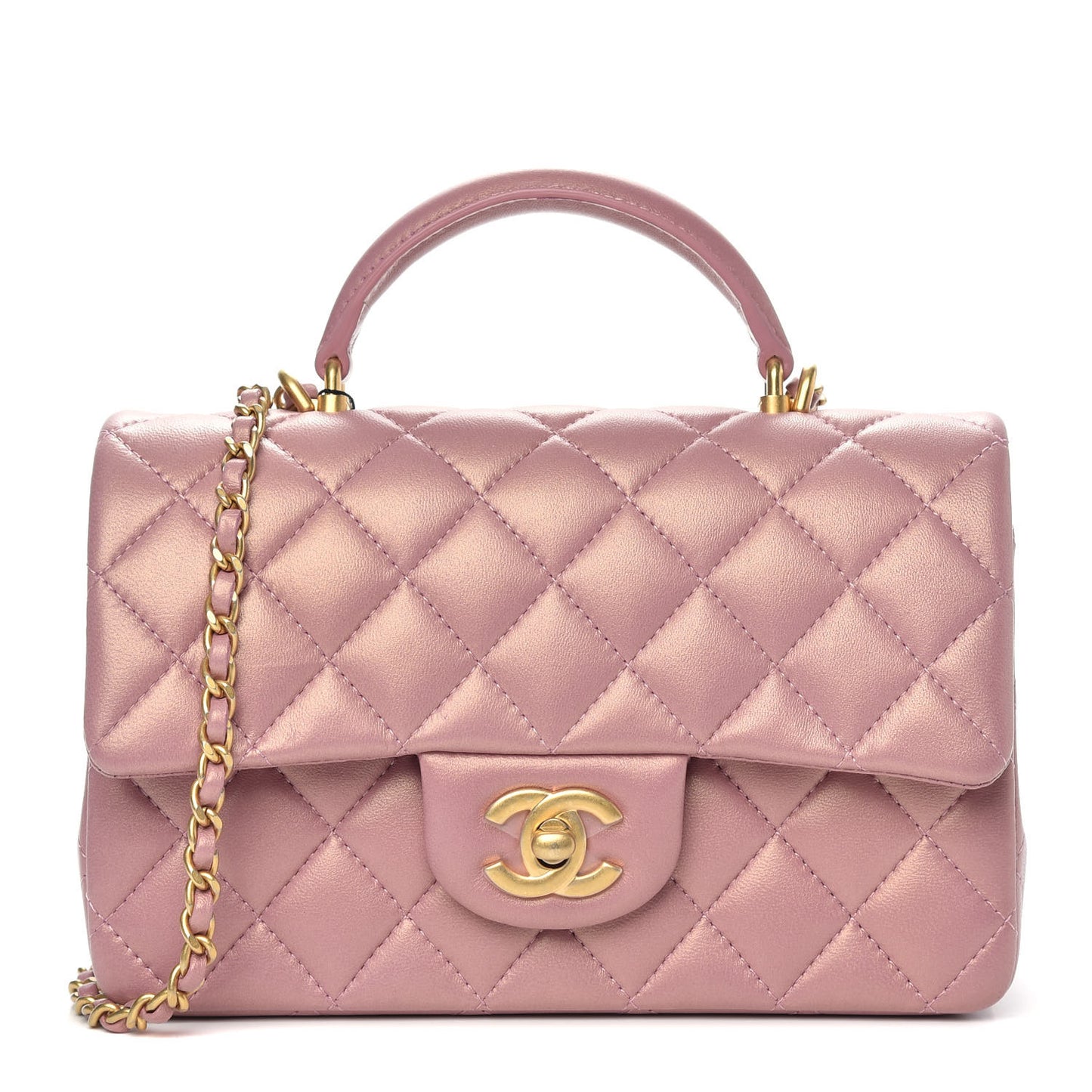 Iridescent Lambskin Quilted Mini Top Handle Rectangular Flap Pink