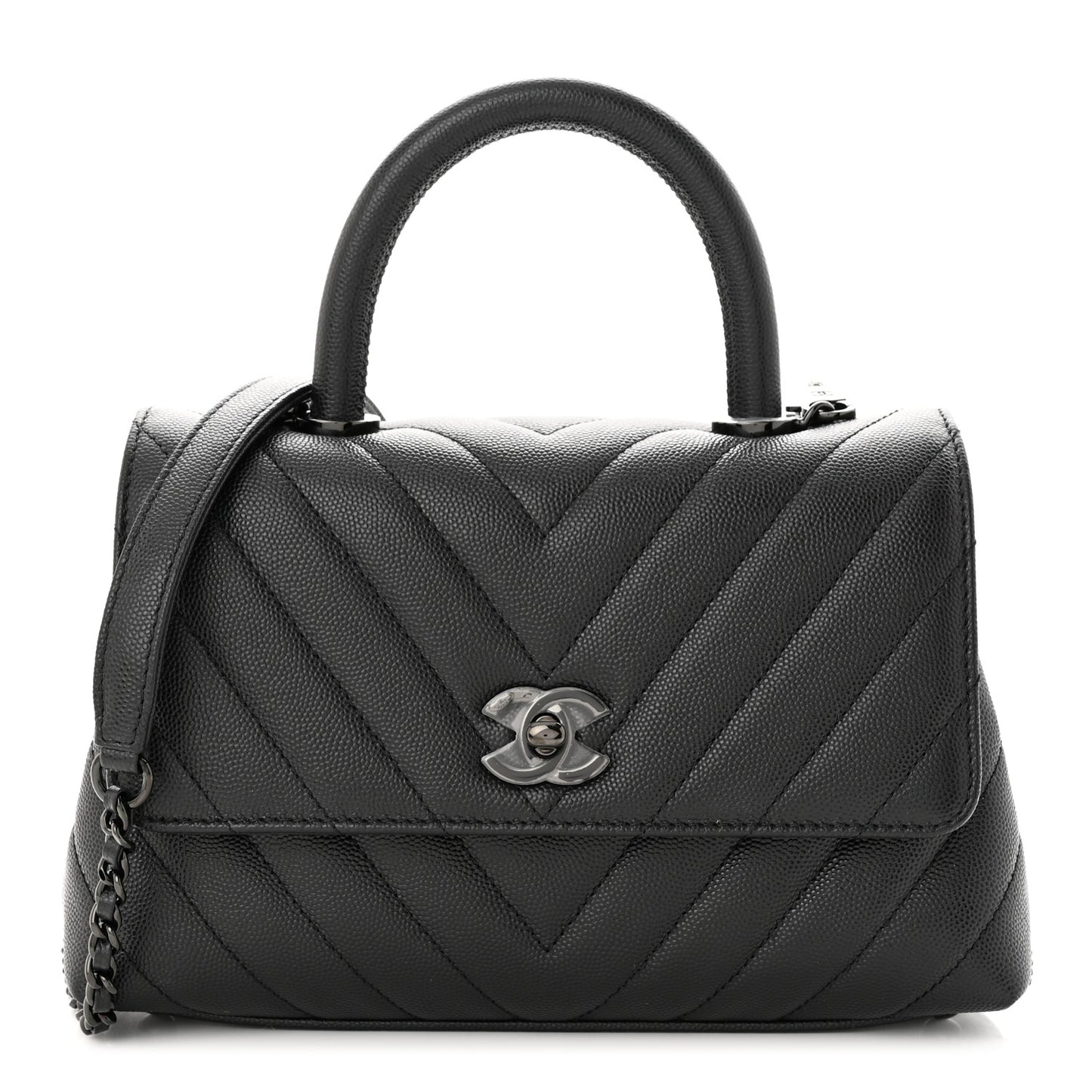 Caviar Chevron Quilted Mini Coco Handle Flap So Black