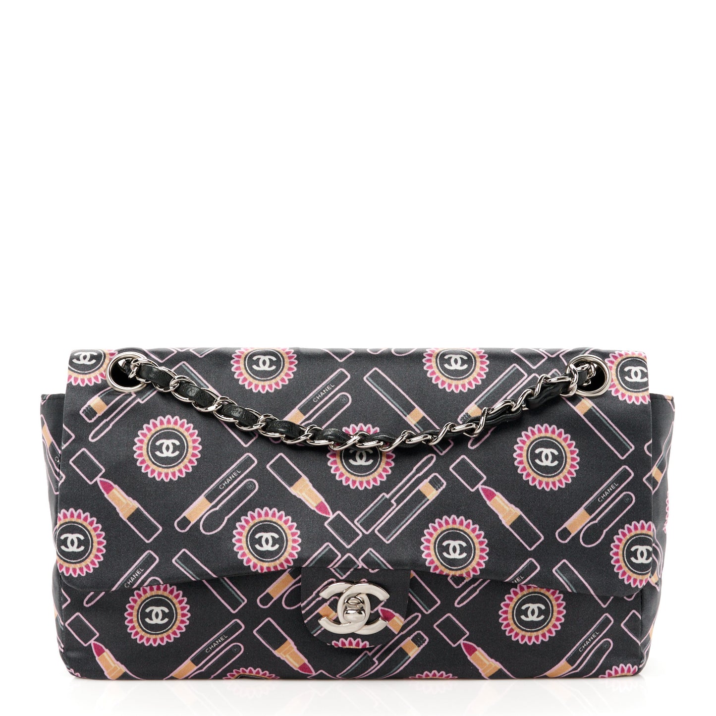 Satin Printed Lipstick Small Single Flap Black