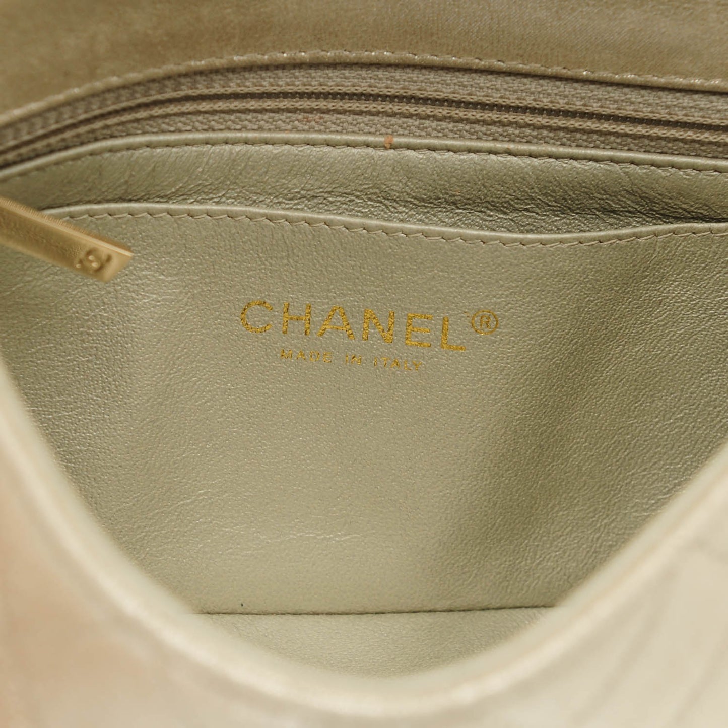 Iridescent Calfskin Quilted Mini Rectangular Flap Light Gold
