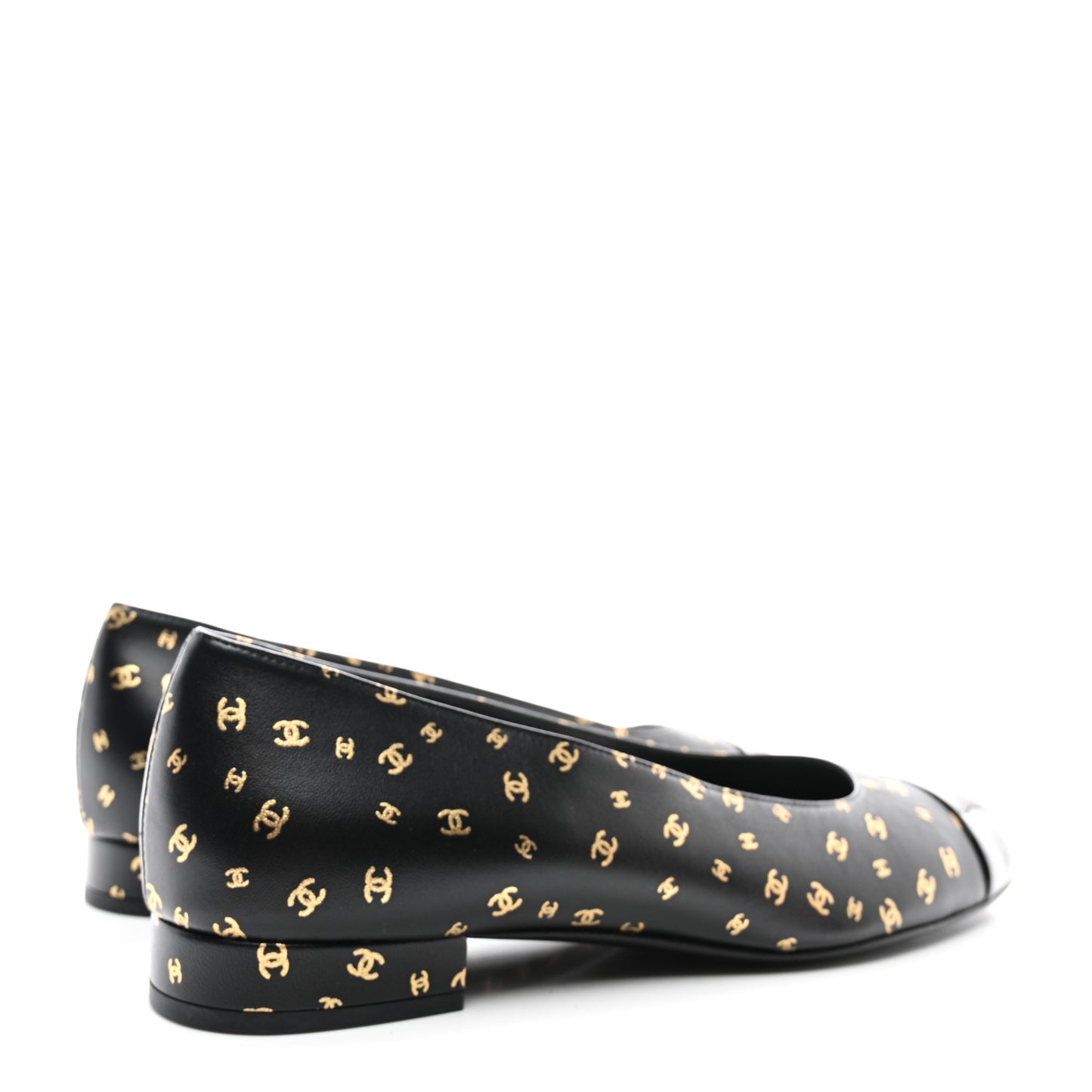 Lambskin Patent Calfskin Printed CC Cap Toe Ballerina Flats 40 Black Gold