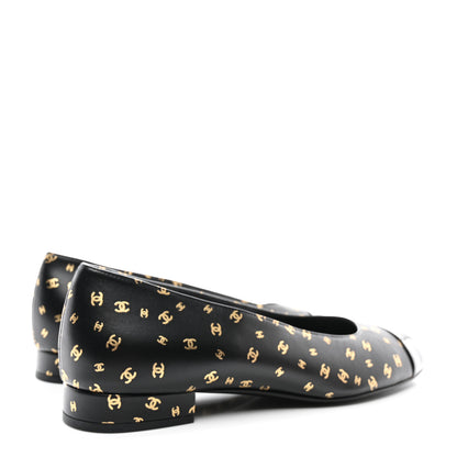 Chanel Lambskin Patent Calfskin Printed CC Cap Toe Ballerina Flats 40 Black Gold 4 of 8