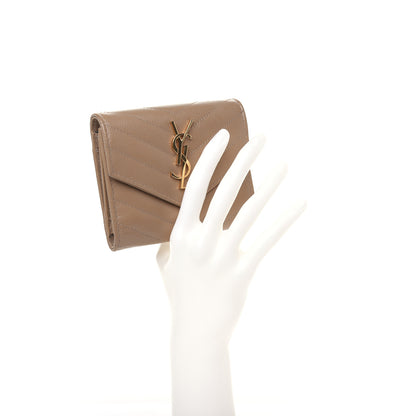 Saint Laurent Grain De Poudre Matelasse Chevron Monogram Compact Tri Fold Wallet Light Taupe 2 of 11