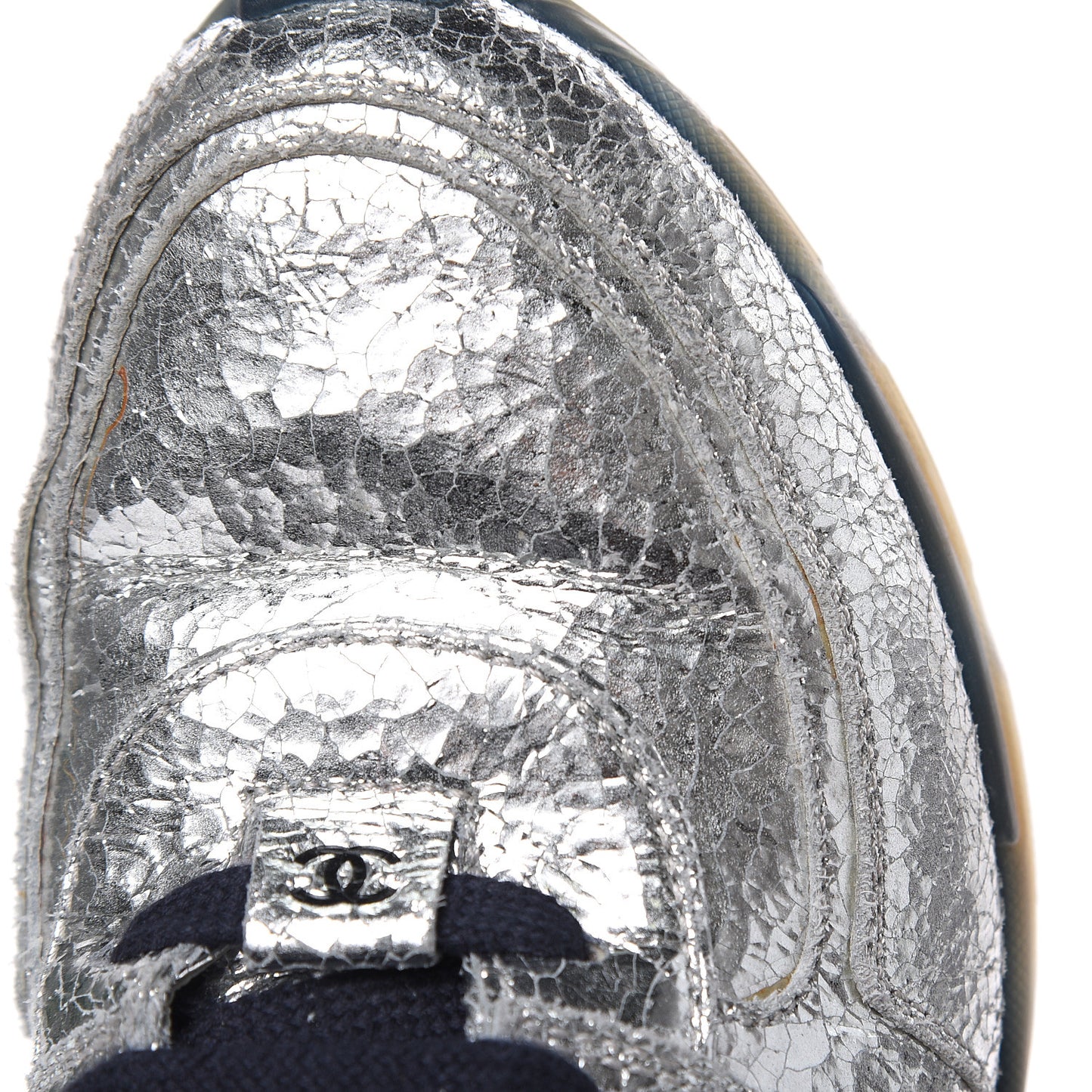 Metallic Crackled Calfskin CC Sneakers 39 Silver