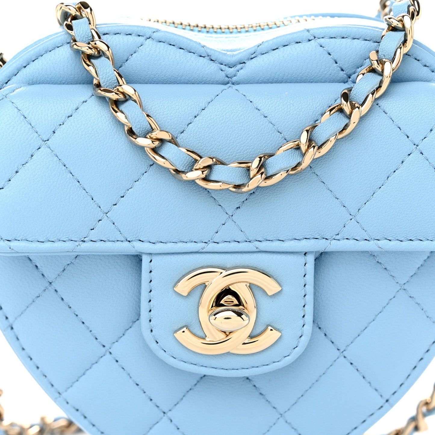 Lambskin Quilted CC In Love Heart Clutch With Chain Light Blue