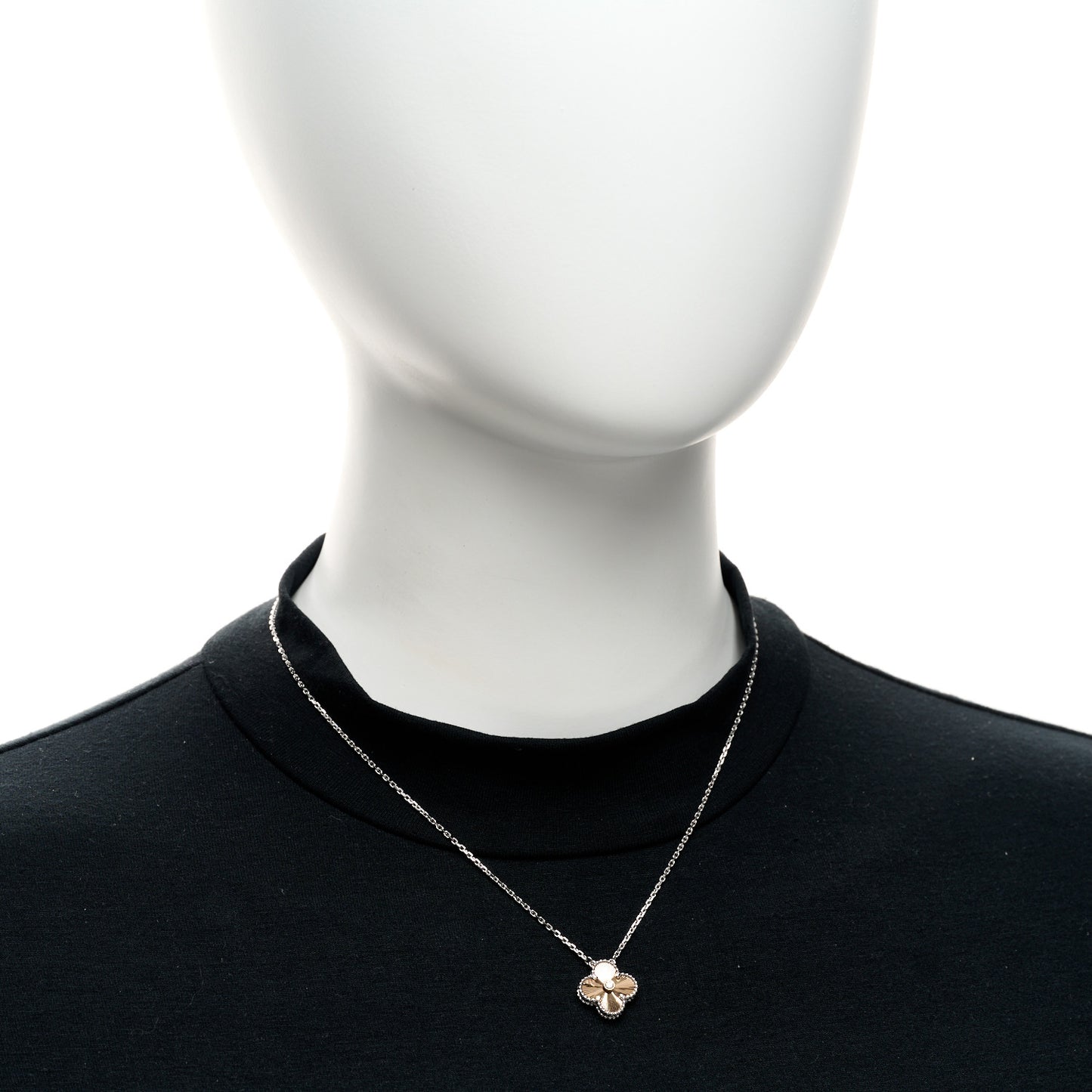 18K White Rose Gold Diamond Guilloche Vintage Alhambra Pendant Necklace