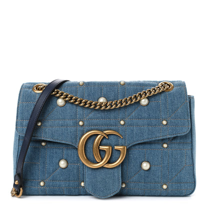 Gucci Kura Denim Matelasse Cubic Pearl Studded Medium GG Marmont Shoulder Bag Blue 1 of 4