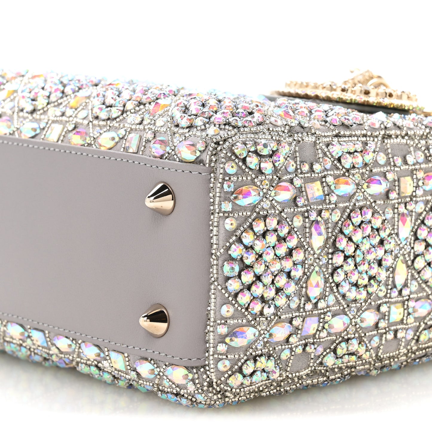 Calfskin Satin Celestial Bead Embroidery Embroidered Small Lady Dior Grey Multicolor