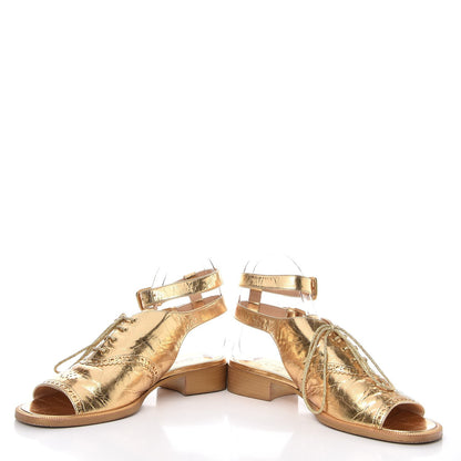 Chanel Metallic Calfskin CC Brogue Lace Up Ankle Strap Oxford Peep Toe Sandals 38 Gold 5 of 10