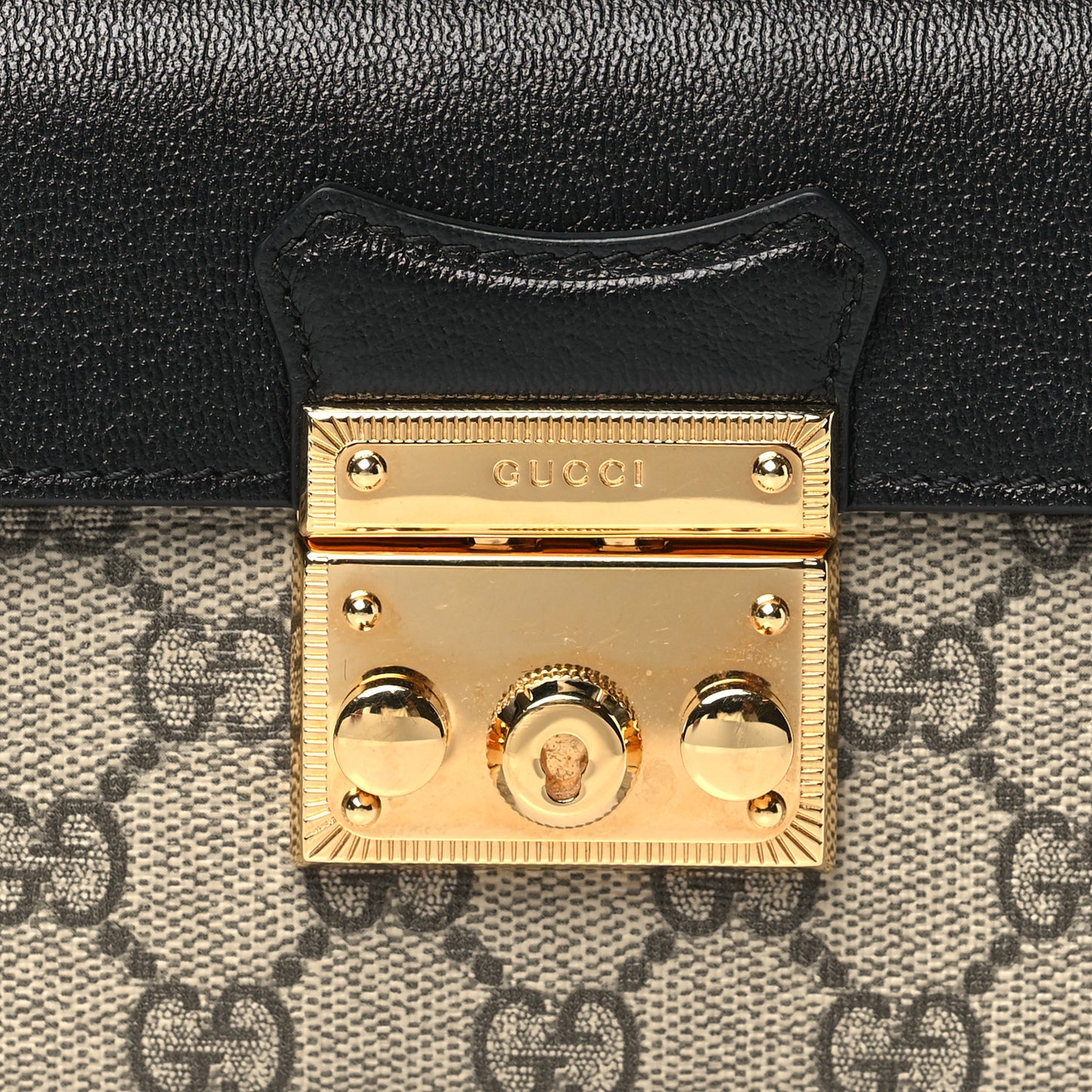 GG Supreme Monogram Calfskin Mini Padlock Top Handle Shoulder Bag Beige Black Cuir