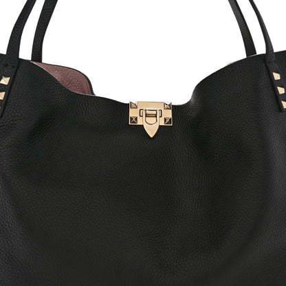 Valentino Garavani Grainy Calfskin Medium Rockstud Tote Black Rose Quartz 7 of 9