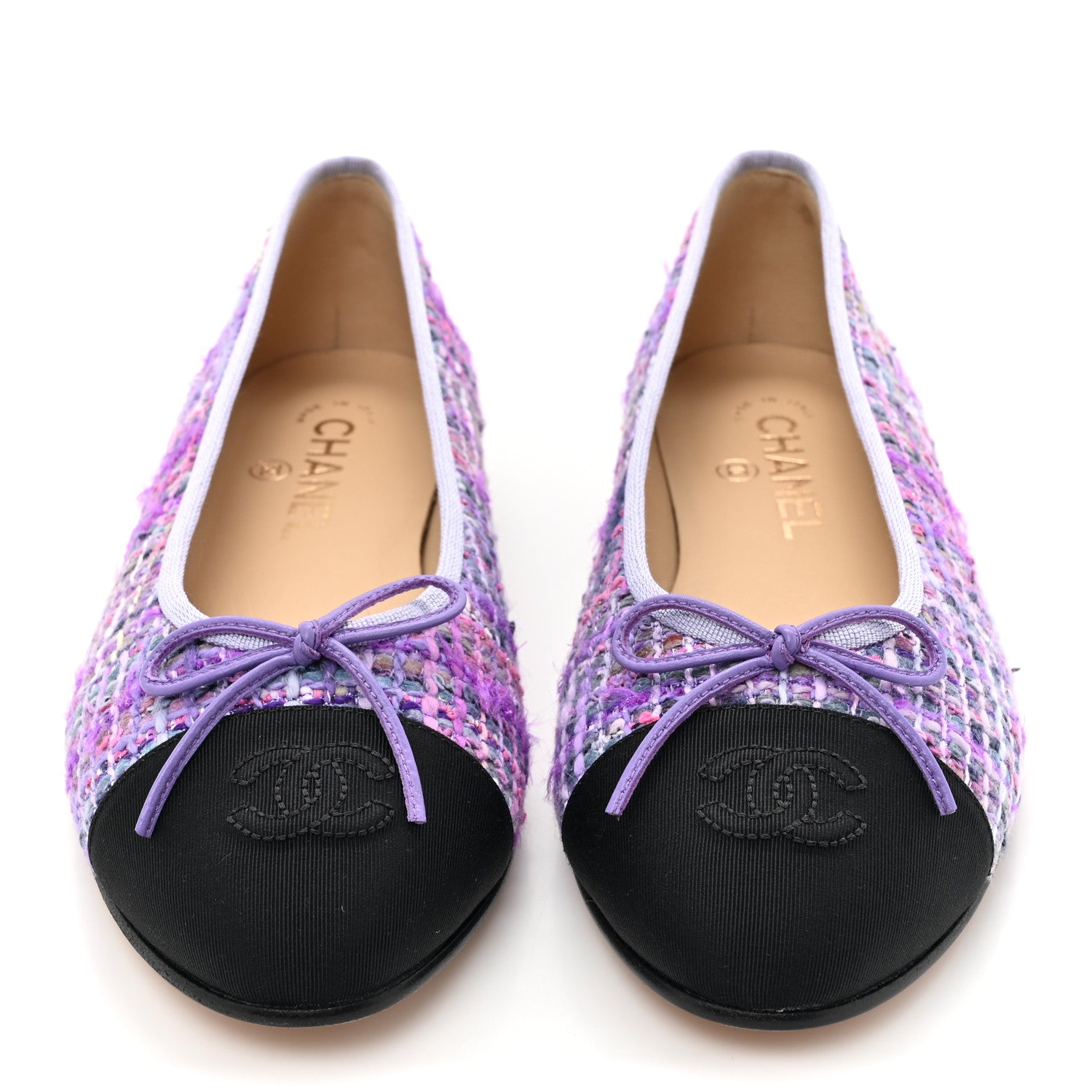 Chanel Tweed Grosgrain Cap Toe Ballerina Flats 38.5 Purple Black 2 of 10