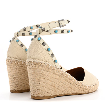 Valentino Garavani Grained Calfskin Turquoise Rockstud Rolling Ankle Wrap Espadrille 20mm Flats 40 Light Ivory Natural 5 of 8