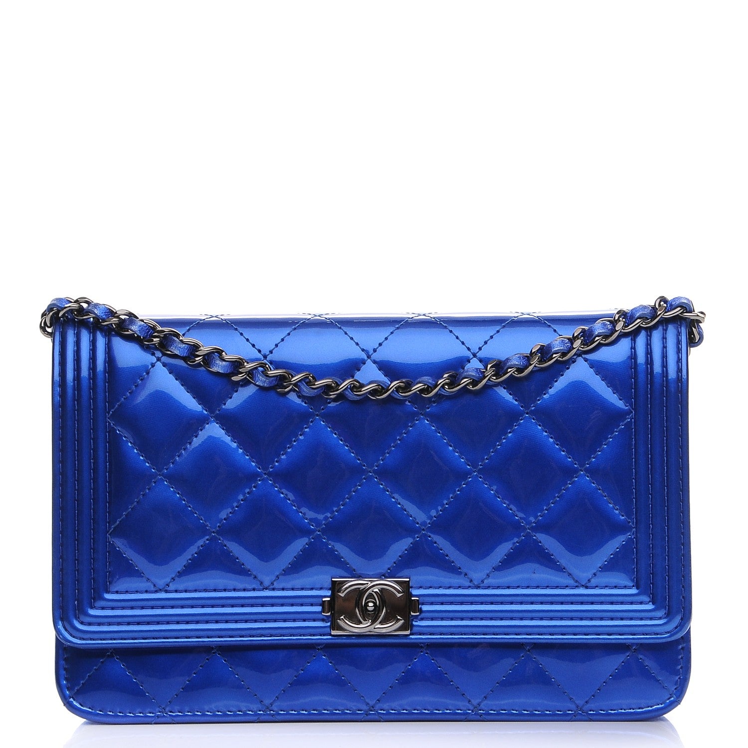Chanel Metallic Patent Calfskin Quilted Boy Wallet On Chain WOC Blue 1 of 10