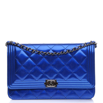 Chanel Metallic Patent Calfskin Quilted Boy Wallet On Chain WOC Blue 1 of 10