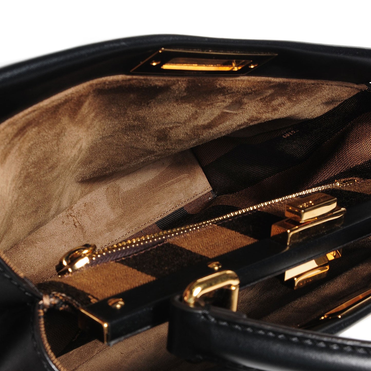 Vitello Morgan Fabric Jacquard Pequin Medium Peekaboo Iconic Satchel Black Tobacco