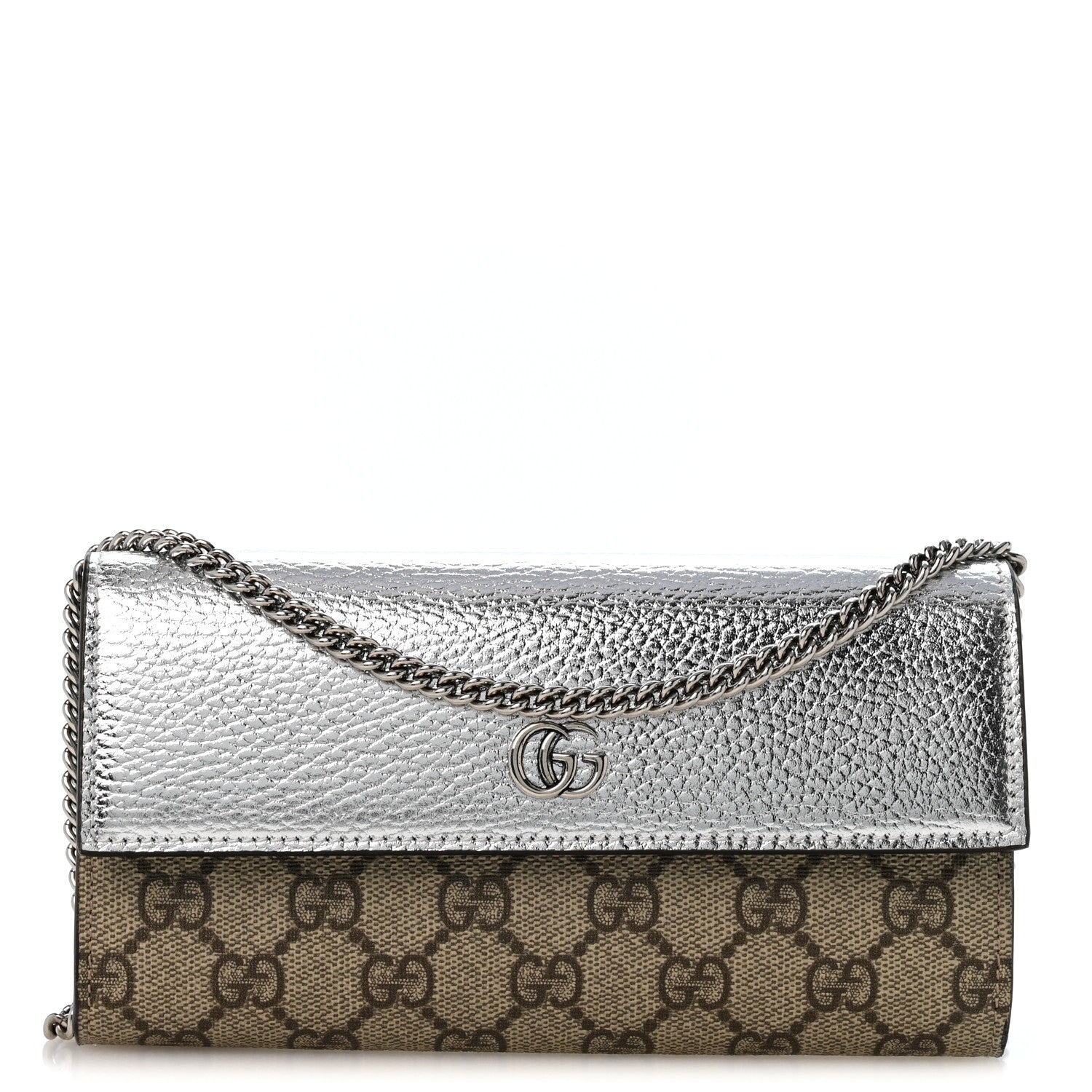 Gucci Metallic Calfskin GG Supreme Monogram Petite GG Marmont Wallet Chain Bag Silver Beige Ebony 1 of 12