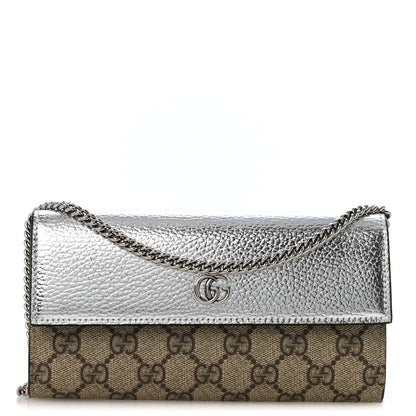 Gucci Metallic Calfskin GG Supreme Monogram Petite GG Marmont Wallet Chain Bag Silver Beige Ebony 1 of 12