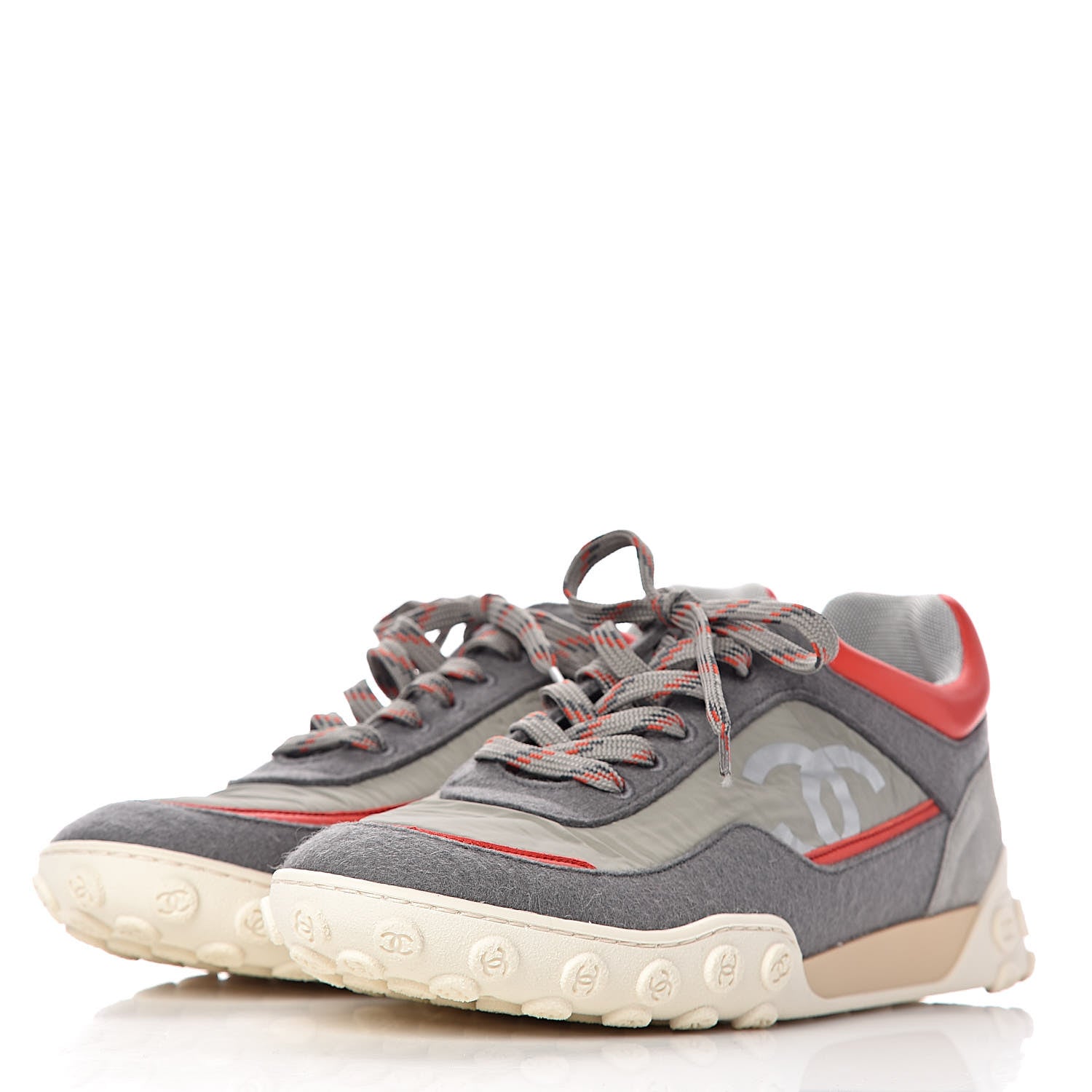 Chanel Nylon Calfskin Suede Mens CC Sneakers 41 Grey Orange 3 of 10
