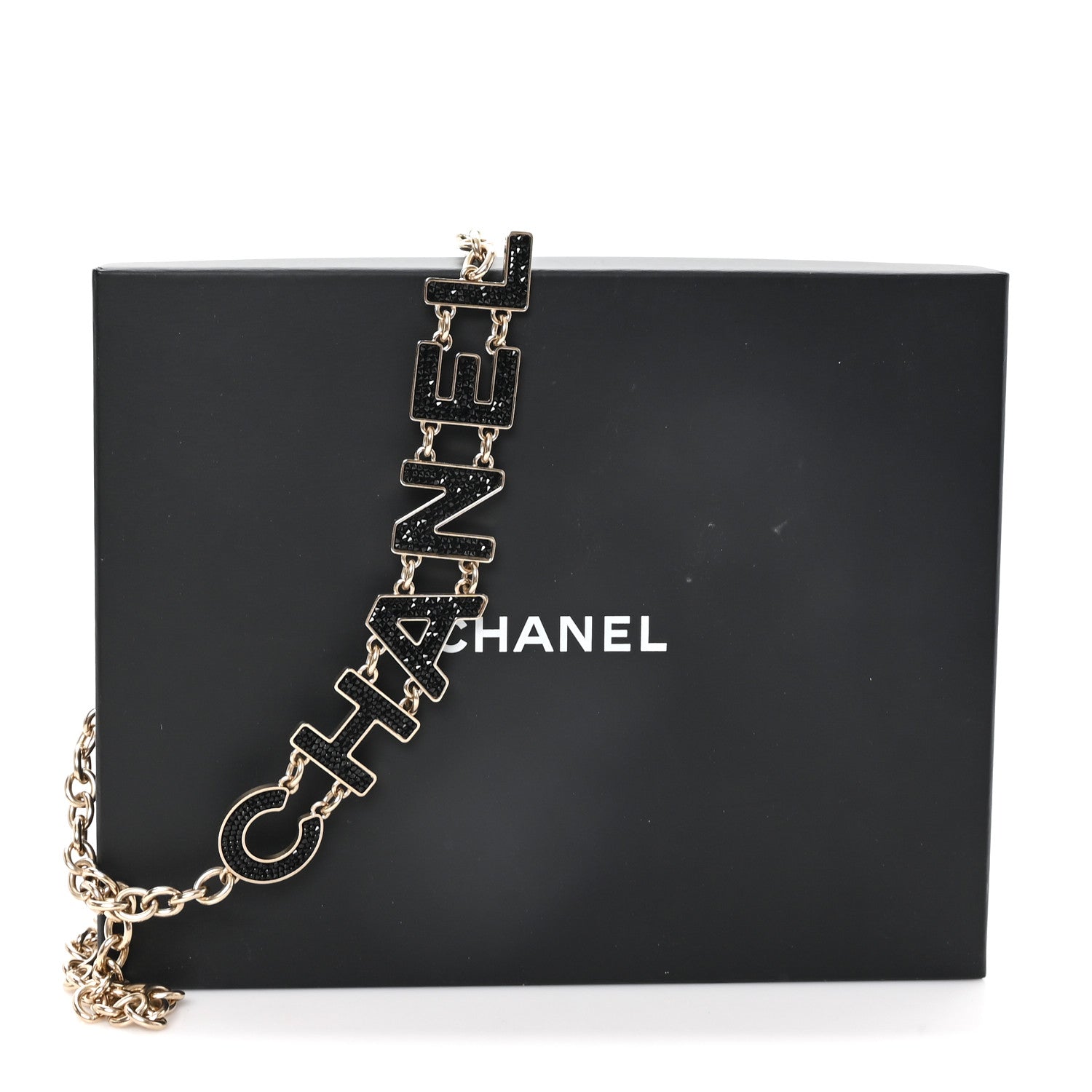 Chanel Crystal Logo Chain Belt Gold Black 4 of 4