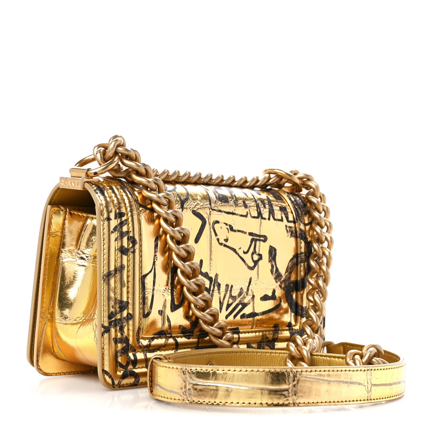 Chanel Metallic Calfskin Crocodile Embossed Graffiti Medium Cocodile Boy Flap Gold 3 of 11