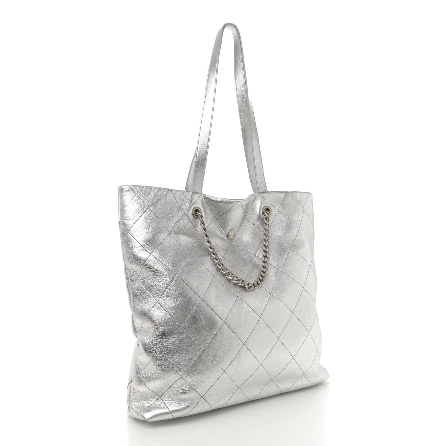Metallic Calfskin Stitched CC Shopper Tote Silvery