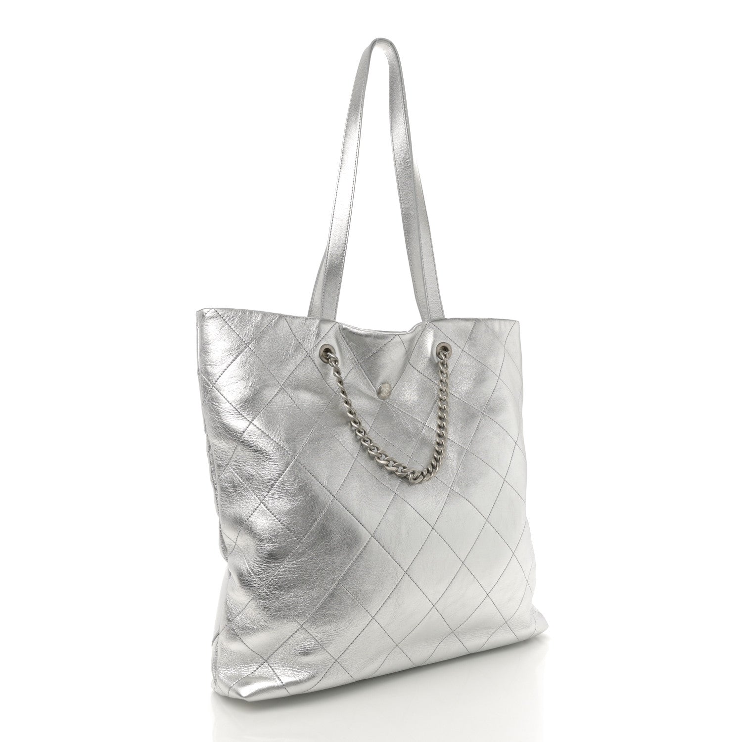 Chanel Metallic Calfskin Stitched CC Shopper Tote Silvery 3 of 11