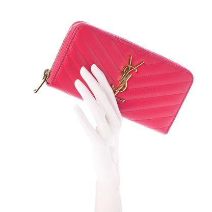 Saint Laurent Grain De Poudre Matelasse Chevron Monogram Zip Around Wallet Fuchsia 2 of 8