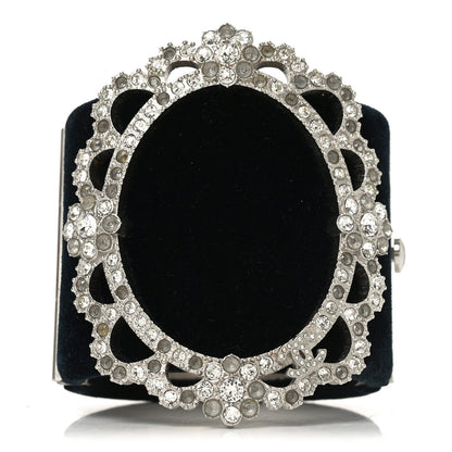 Chanel Metal Velvet Crystal Flower CC Wide Cuff Bracelet Silver Black 1 of 5