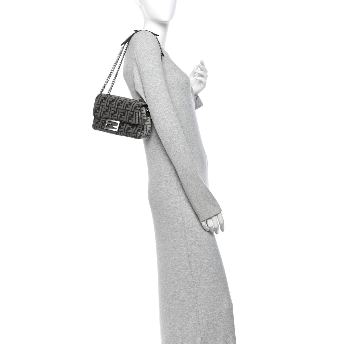 Fendi Chenille Vitello Seta FF Midi Chain Baguette Tortora 2 of 12