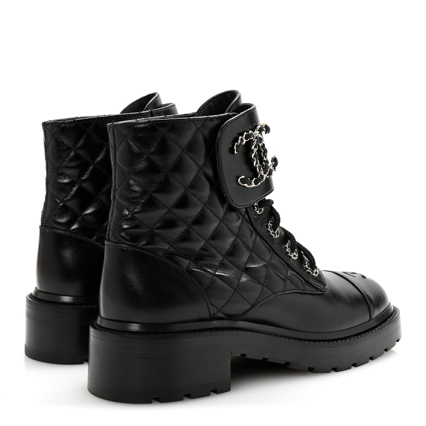 Shiny Lambskin Quilted Lace Up Combat Boots 39 Black