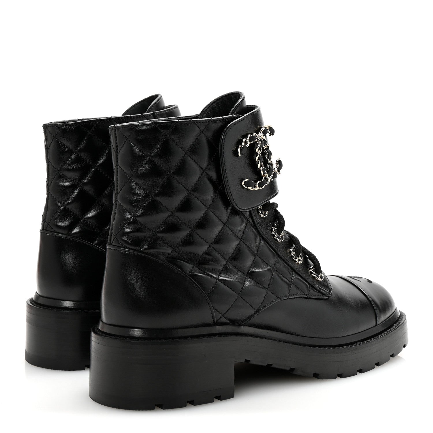 Chanel Shiny Lambskin Quilted Lace Up Combat Boots 39 Black 5 of 10