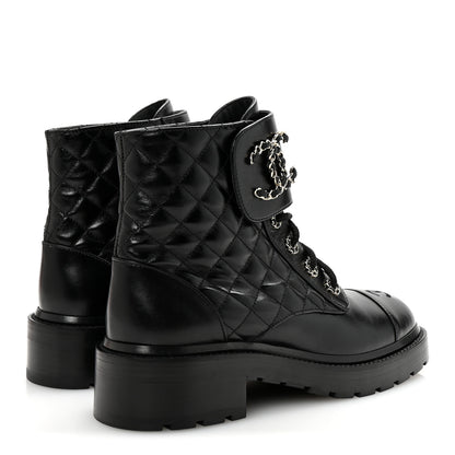 Chanel Shiny Lambskin Quilted Lace Up Combat Boots 39 Black 5 of 10