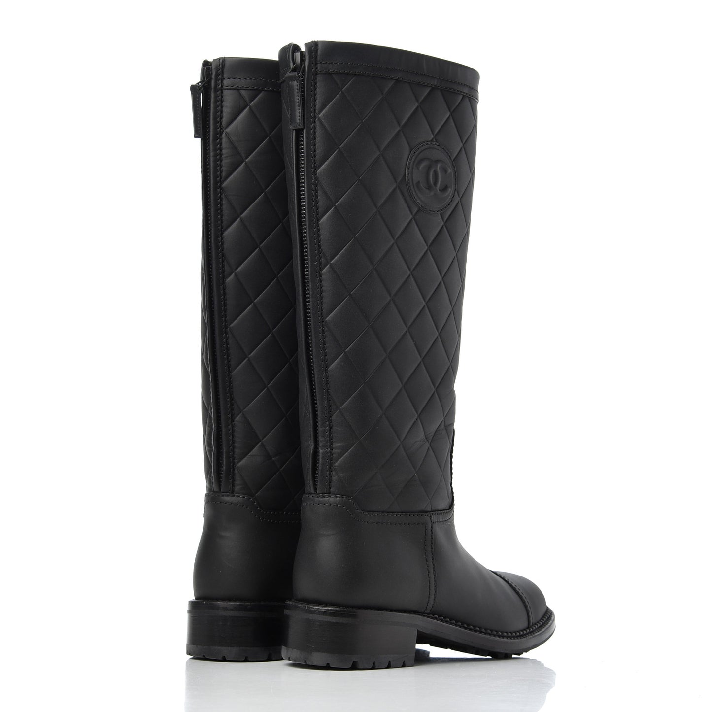 Oily Calfskin Quilted High Boots 37.5 Black